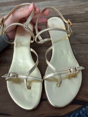 Gold Strappy Rhinestone Buckle Women’s Sandals